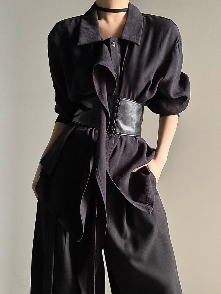 Loose Collar Lolita Draping Long Ouji Shirt Retro Black Pointed with Ribbon