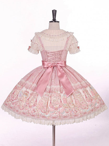 Sweet Pink Doll-Themed Lolita JSK with Bow Accents and Toy Bed Print - Alice Girl