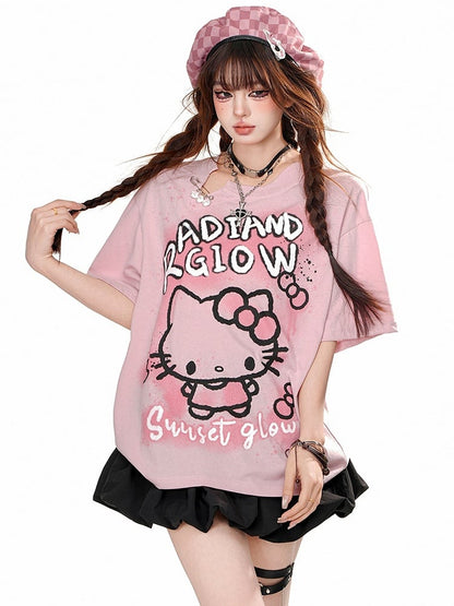 ピンク/ホワイト キティプリント ルーズTシャツ