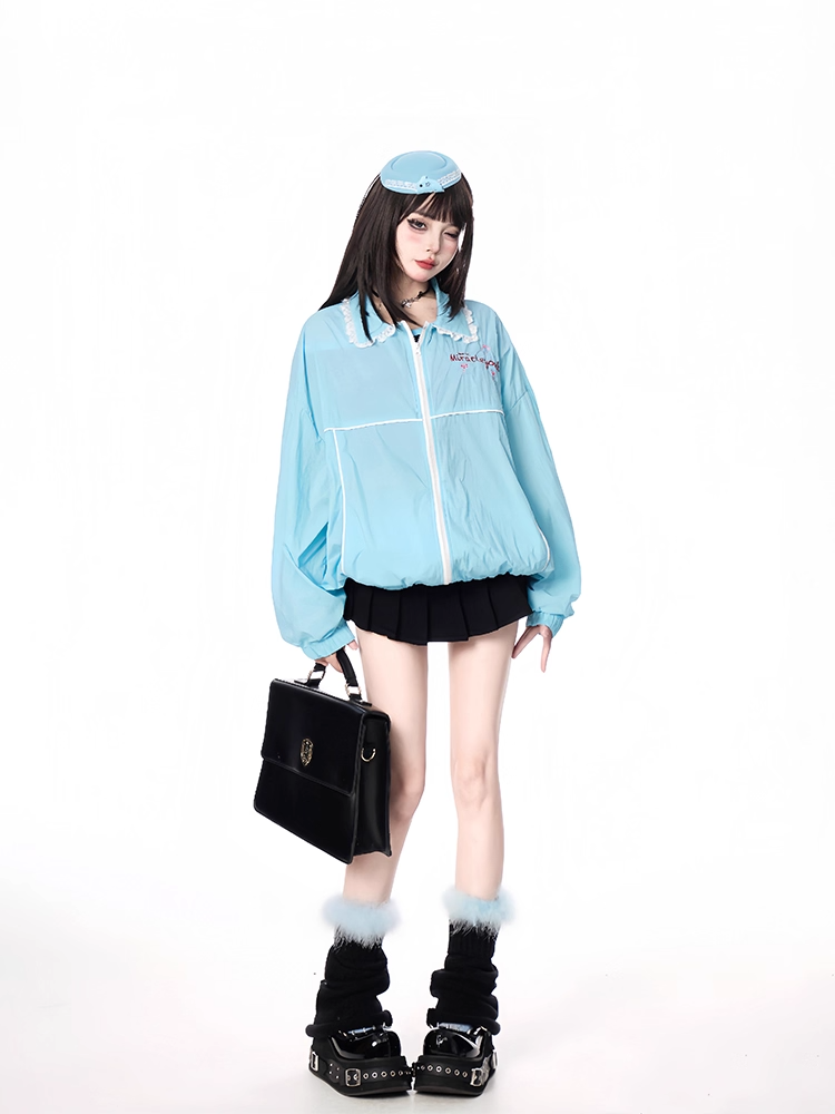 裾のシャツカラー、伸縮性のある袖口、ジップアップジャケット ブルー