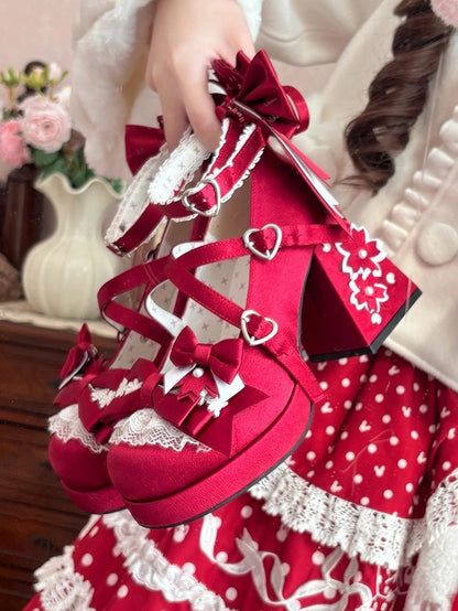 Bow Heel - Heart Satin with in High Janes Red Themed Accents Sakura Snap Block Mary