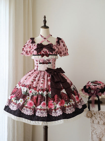 Pink Square Neck Puff Sleeve Strawberry Lolita OP