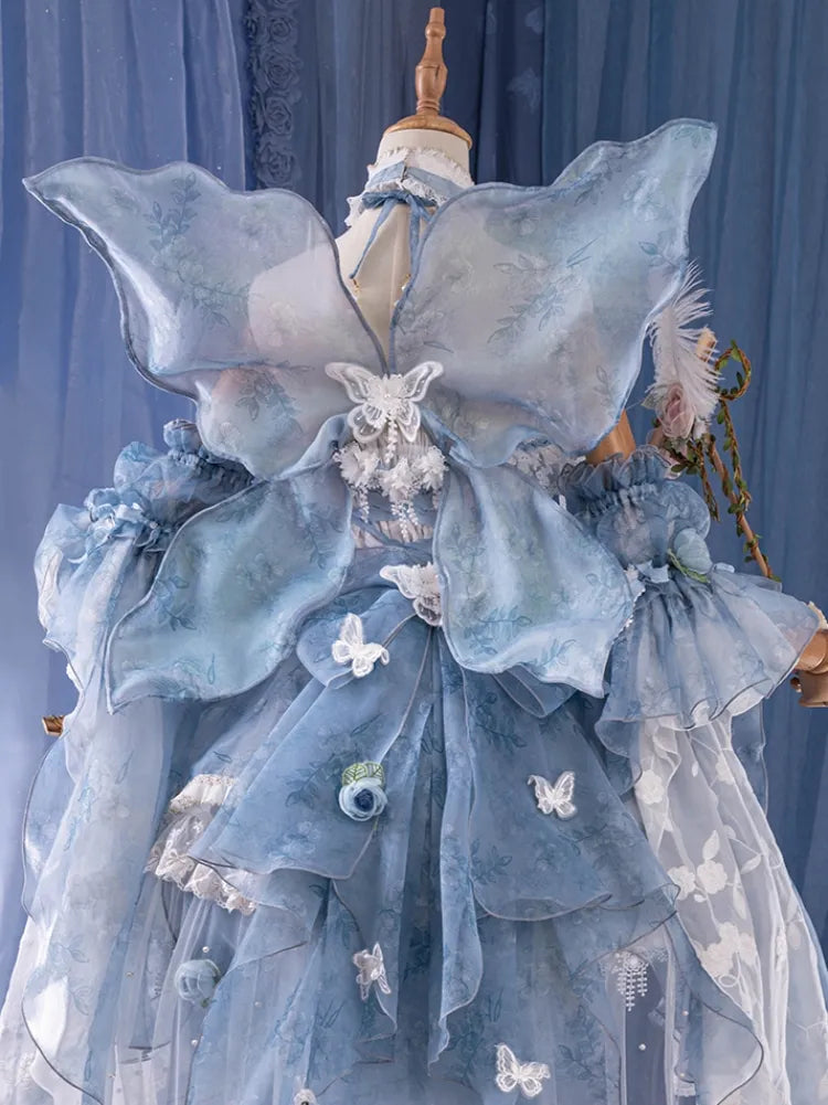 Volles Prinzessinnen-Blumen-Schmetterlings-Set-Design, blaues JSK Fairycore-Lolita-Kleid
