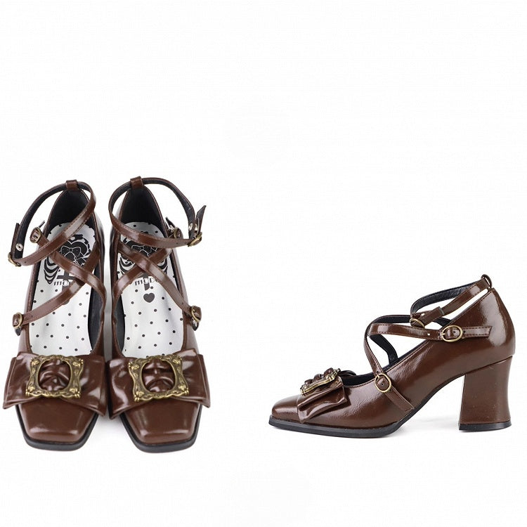 Zehenbild Heels Mitte Crisscross bei Square Frame - Riemen Design Schleife Schnalle Elegantes Top Braun Lolita