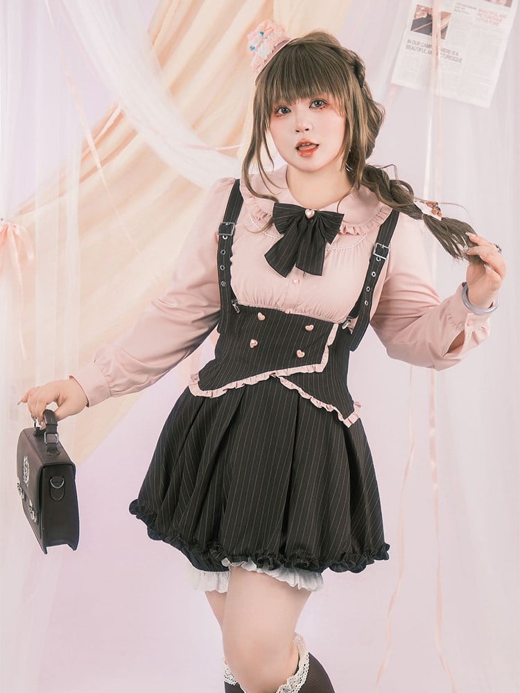 with Ruffle Pan Trim Button Size Collar Plus Pink Blouse Heart Peter
