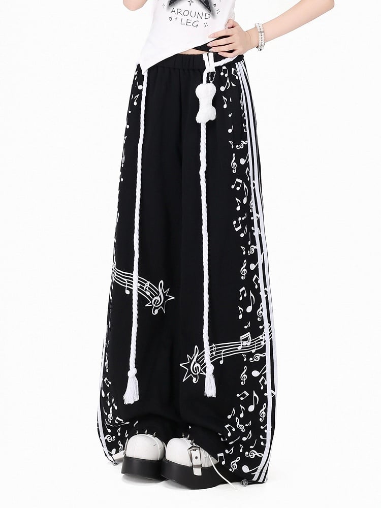 Black Music Note Printed Straight Leg Pants with Waist Cord - Kawaii Daily - CRAZY GIRL