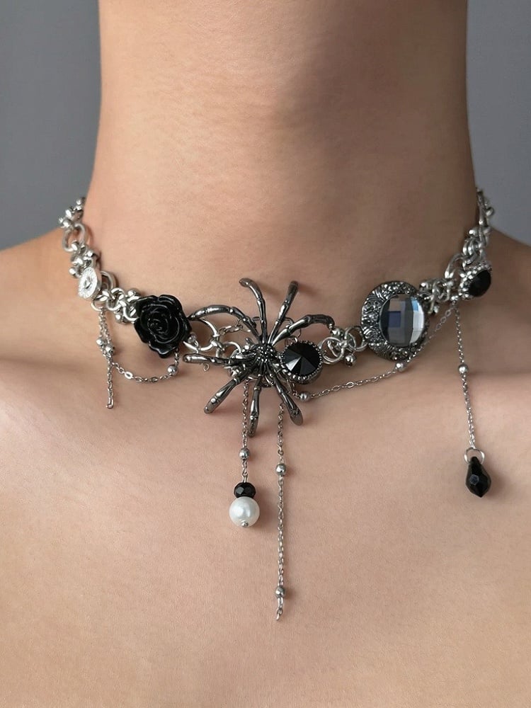 Gothic Silver Spider Choker with Floral Rhinestones - YSHXS