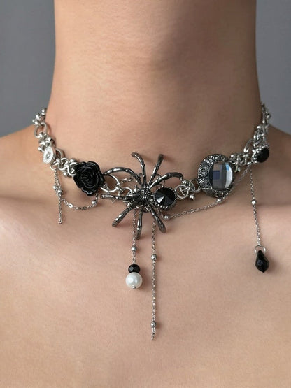 Gothic Silver Spider Choker with Floral Rhinestones - YSHXS