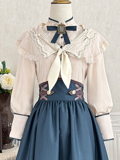 Preppy Beige & Blue Bow Lace-Trimmed Long Sleeve Lolita Blouse - Xiong Dou Jiang