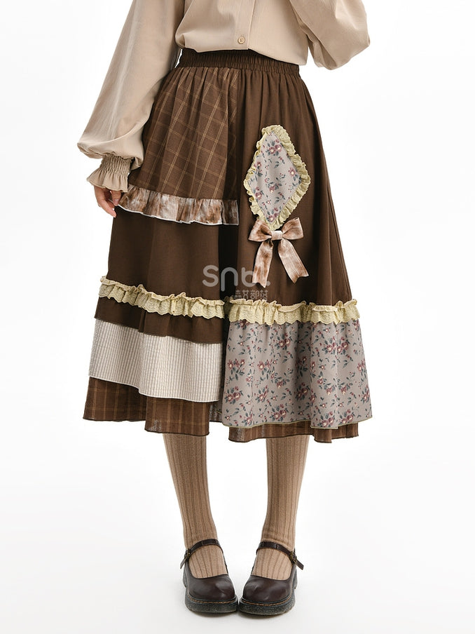 Brown Mori Kei High Waist Patchwork Skirt Lace Trim
