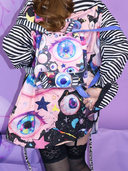 Fold-Over Flap Design Guro Colorful Backpack Eyes Print Kawaii