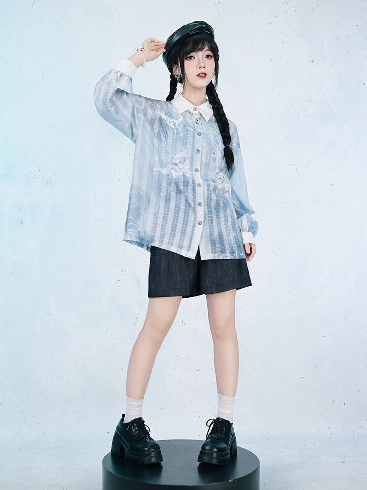 Blue Loose Sun Protection Chiffon Long Sleeve Shirt with Deer Print - Quirky Hut