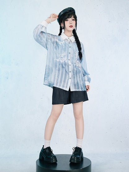 Blue Loose Sun Protection Chiffon Long Sleeve Shirt with Deer Print - Quirky Hut