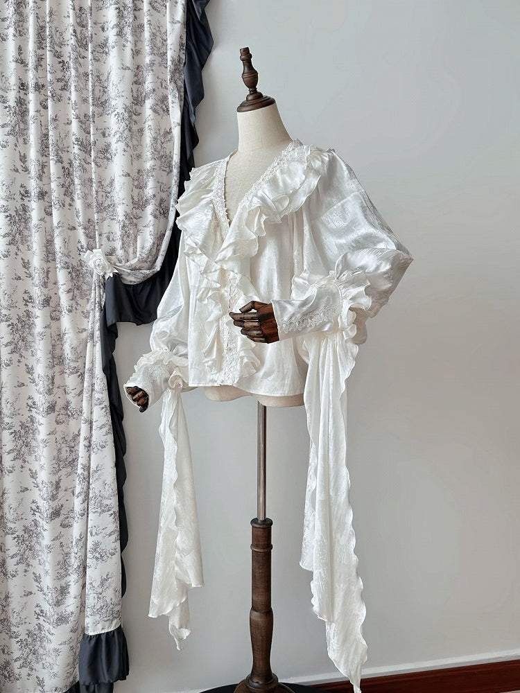 Lange Rüschenärmel V-Ausschnitt Shirt Gothic Weiß Strukturiert Lolita