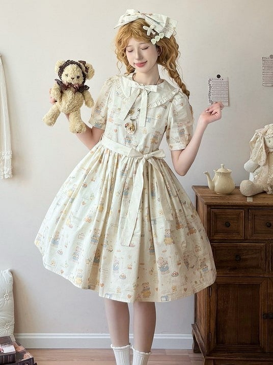 Print Version Dress Long Bear Short Sleeves Beige Lolita Sweet