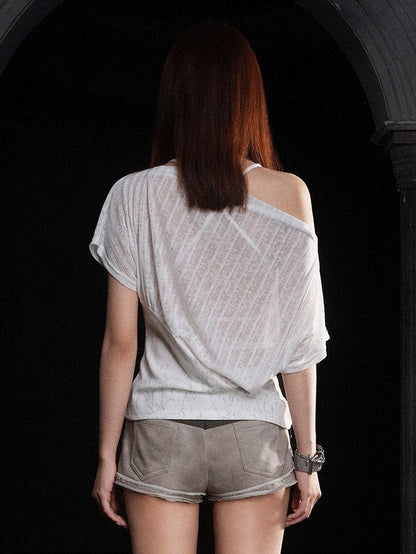 Off-Shoulder Top Punk White Semi-Sheer with Prints