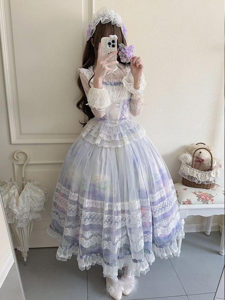 Drucken Lolita Öl Taille + Rock Overlay Top Malerei Entbeint Helle Klassische Lila Baske