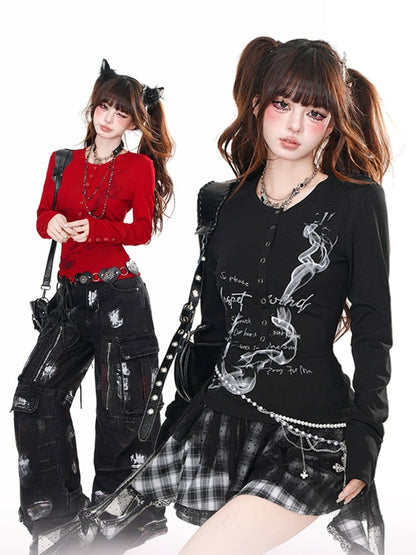 Rot/Schwarzes, schmal geschnittenes Bittersweet-Top mit Rundhalsausschnitt