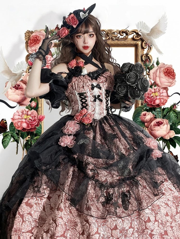 Floral Dark Bow Hime Details Dress Black Hanayome-style Pink Lace and Lolita with Embossed
