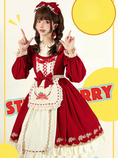 with Long-sleeved and Sweet Hem Red Apron Ruffle Beige Strawberry Embroidered Lolita Dress