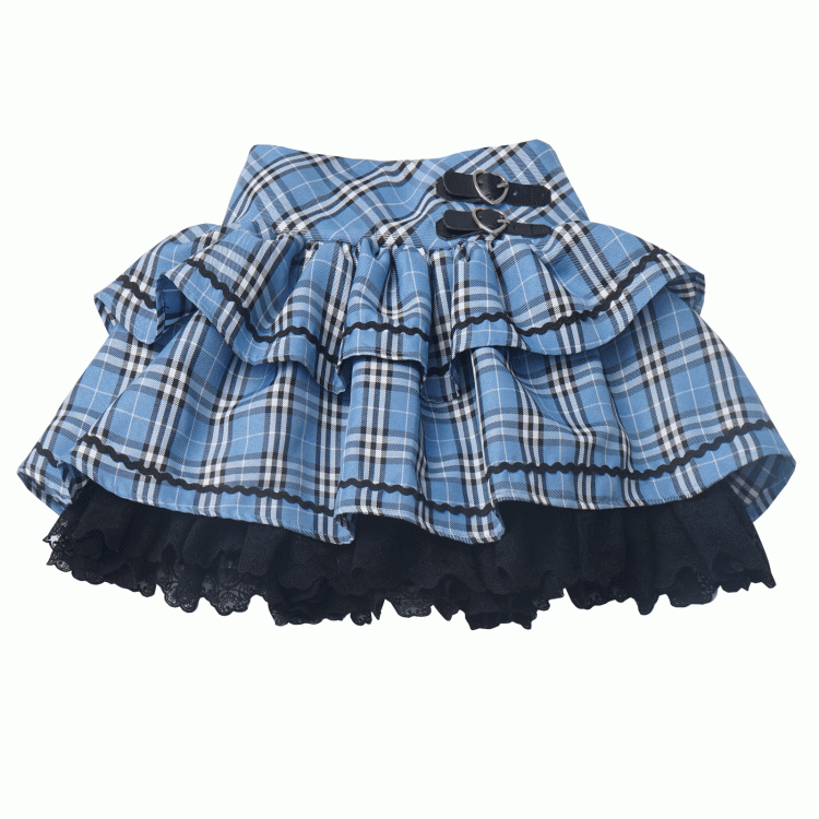 ブルーハートのブラックチェック柄とティアードスカートのバックル、レーストリムのアイドル