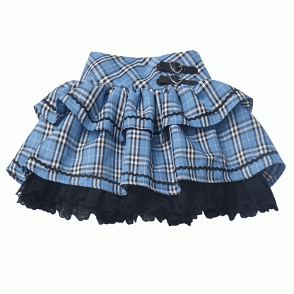 ブルーハートのブラックチェック柄とティアードスカートのバックル、レーストリムのアイドル