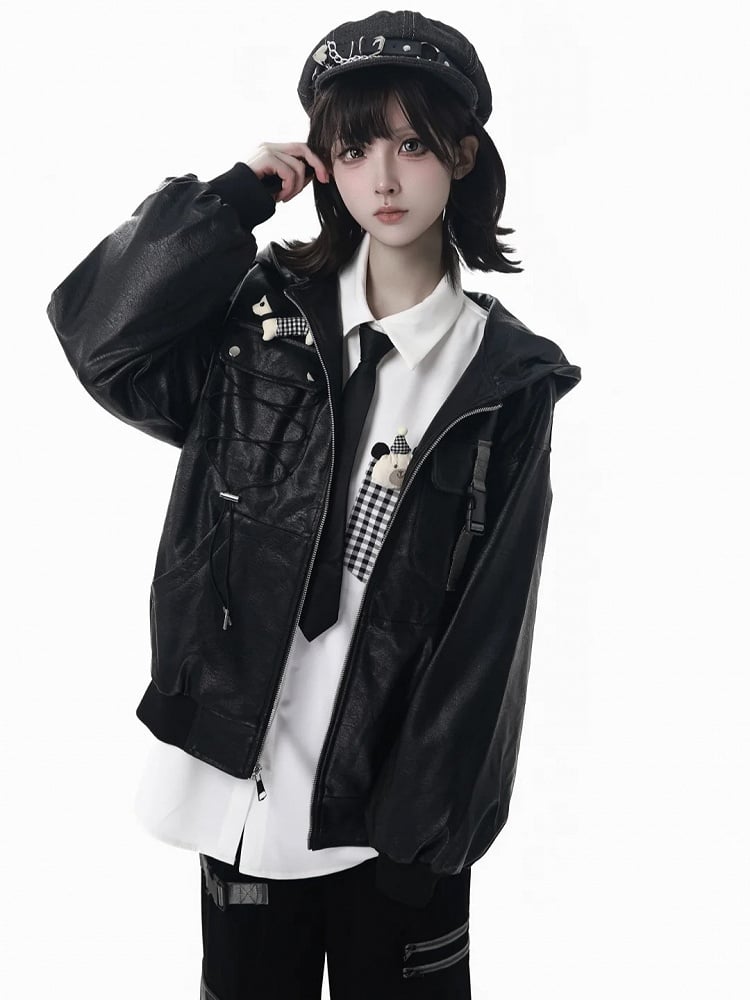 with PU Strap Techwear Lining Snap Hooded Regular/Fleece Black Motorcycle Version Jacket