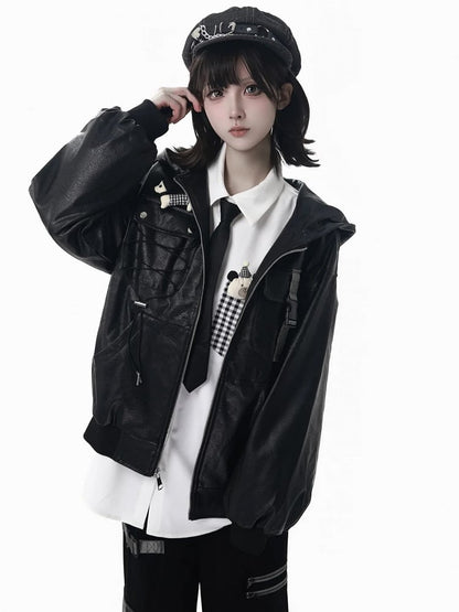 with PU Strap Techwear Lining Snap Hooded Regular/Fleece Black Motorcycle Version Jacket