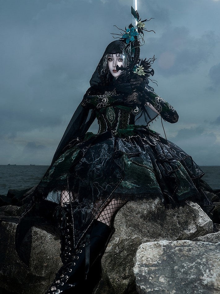 Black & Green Bone Dragon Embroidery Halter Neck Gothic Lolita Dress Set - Ying Luo Fu