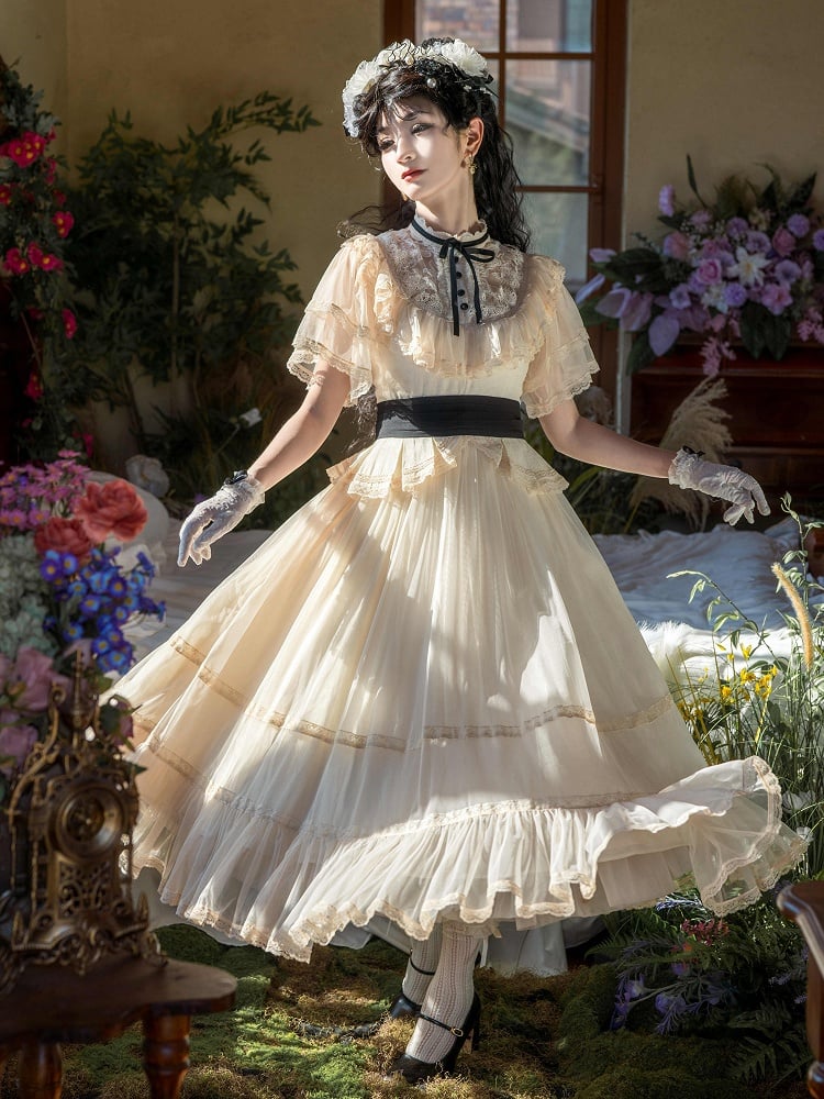 Beige Illusion Neck Classic Lolita Gown - Button Bear