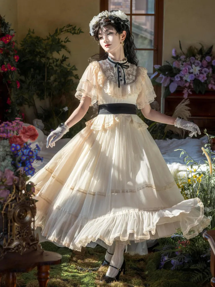 Beige Klassische Taille Schwarz Elegante Kleid Ausschnitt Lolita Illusion Edward Gürtel mit