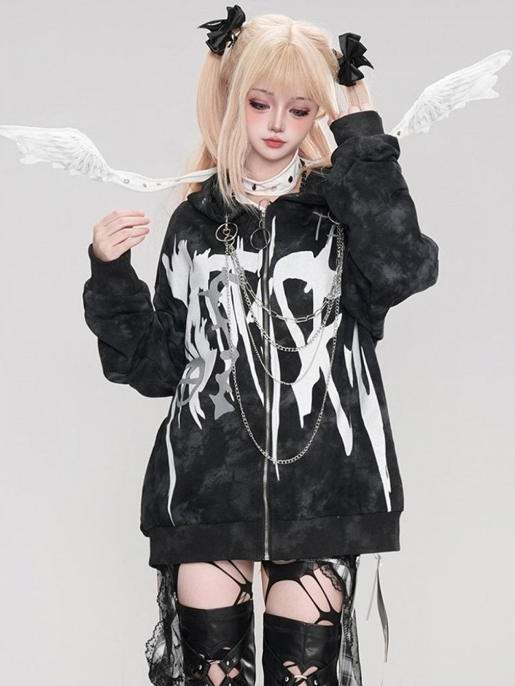 Punk Black Letters Print Ketten-Kapuzenpullover mit Reißverschluss