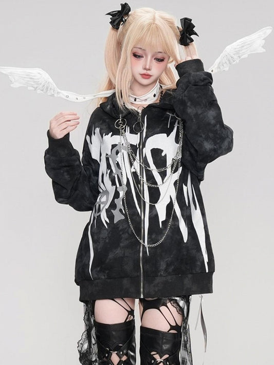 Punk Black Letters Print Ketten-Kapuzenpullover mit Reißverschluss