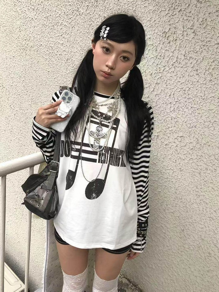 White Striped Long Sleeve Top with Music Notes - DETW OnLine