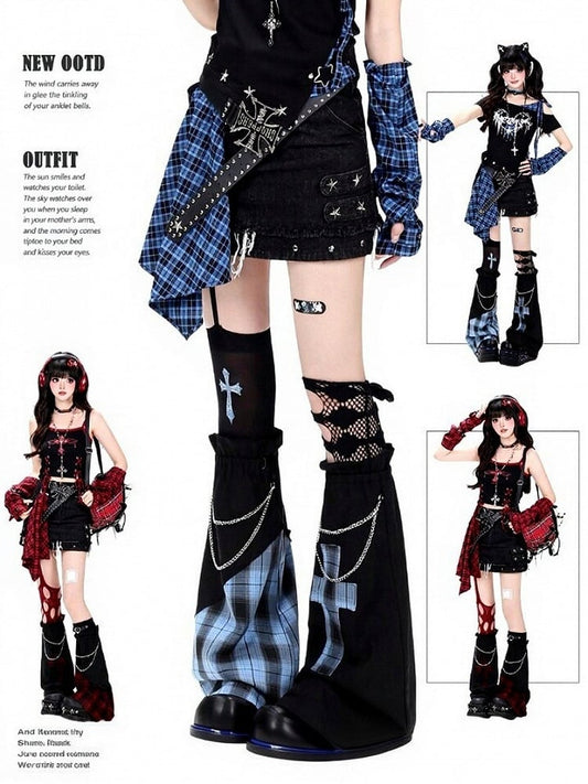 Black Blue Denim Skirt with Bandana Decoration - CRAZY GIRL