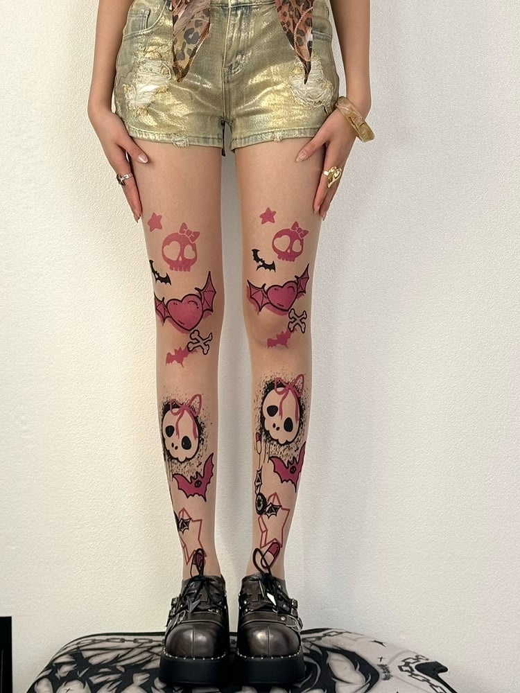 Skeleton Bone Bittersweet Print Tights Y2K And Nude Heart