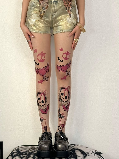 Skeleton Bone Bittersweet Print Tights Y2K And Nude Heart