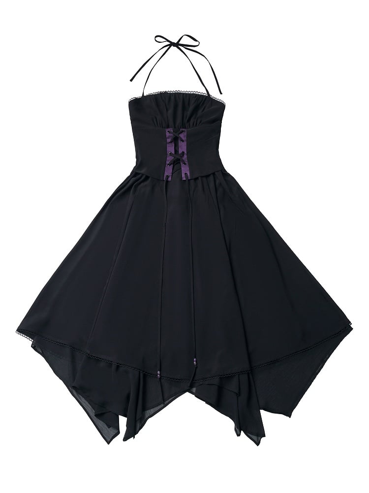 Long Black Halter Dress with Asymmetrical Hem - PINK SAVIOR