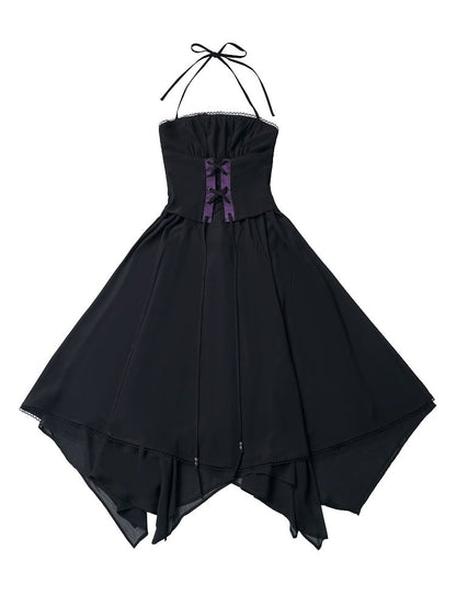 Long Black Halter Dress with Asymmetrical Hem - PINK SAVIOR