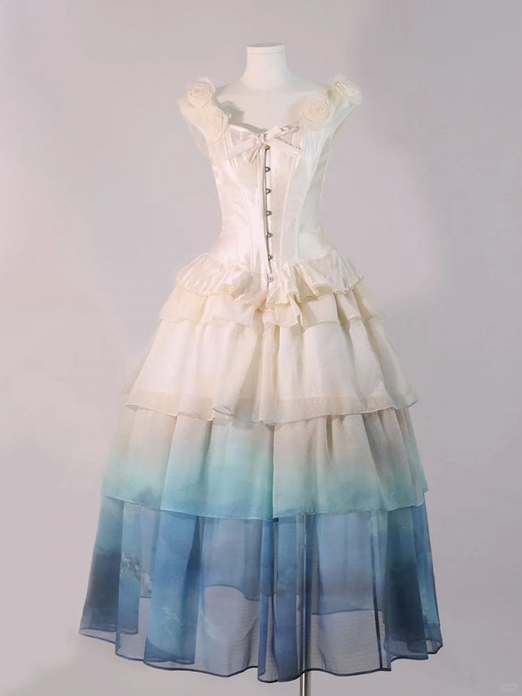 Lolita Wave-Inspired Beige Skirt Blue to Tulle Gradient Multi-Layered