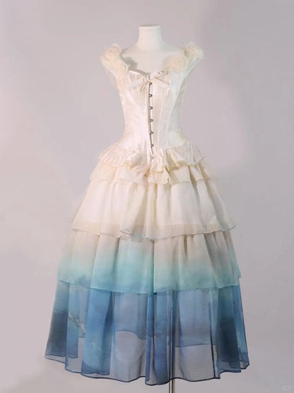 Lolita Wave-Inspired Beige Skirt Blue to Tulle Gradient Multi-Layered
