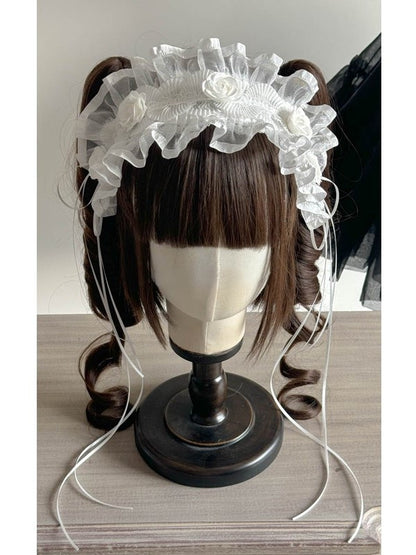 and Lace Streamers Flower Ribbon Ruffled Accents White/Black Lolita with Hairband