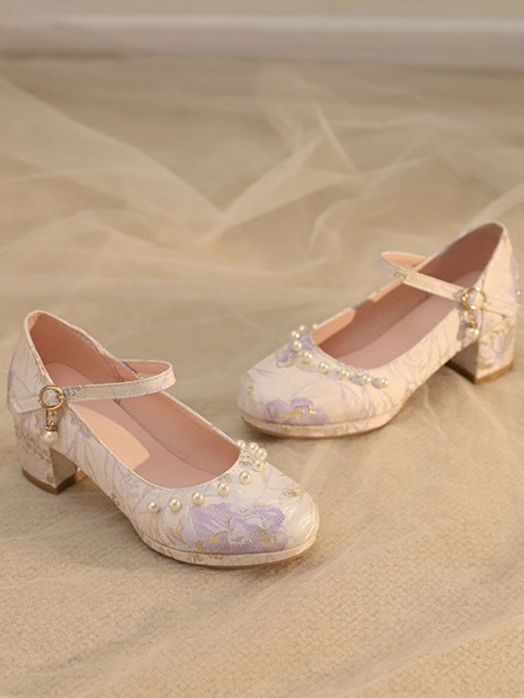 Lila Verzierungen Lolita Mid-heels Floral Qi Perlen mit