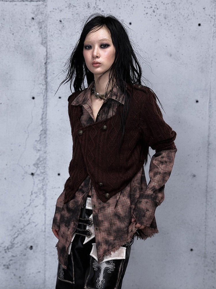 Long Shirt - Plaid Two-piece Sleeve Red Pattern Top Collar Brown