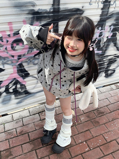 Grey Y2K Hoodie Jacket with Star-print