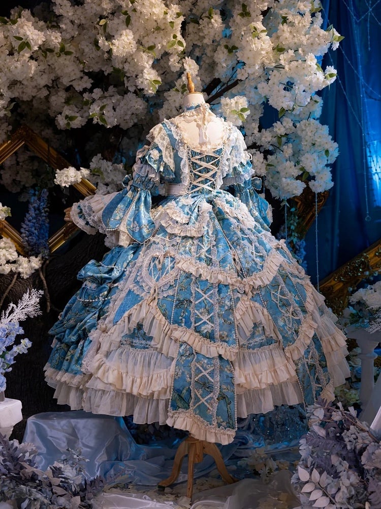 with Sleeves Sweetheart and Ruffle Layers Bell Applique Gorgeous Blue Gown Hime Lolita Beaded Lace