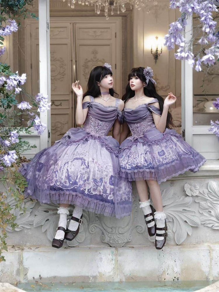 Skirt Elegant Purple and Classic Butterfly Top Waist Corset + Floral Boned Set Lolita Print