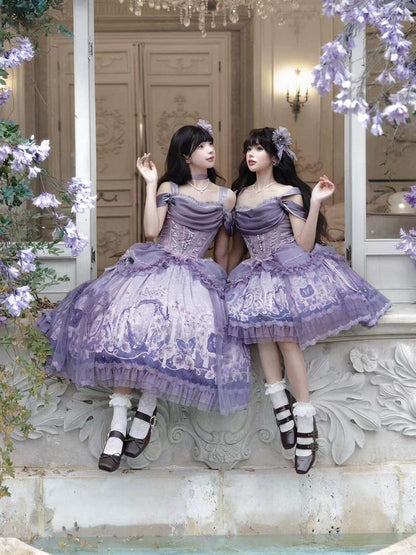 Skirt Elegant Purple and Classic Butterfly Top Waist Corset + Floral Boned Set Lolita Print
