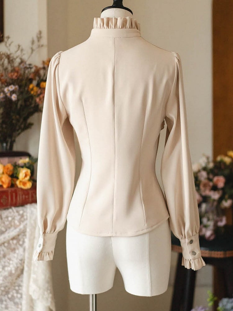 Apricot Ruffled Banded Collar Elegant Long Sleeeves Shirt with Detachable Bow/Jabot Tie