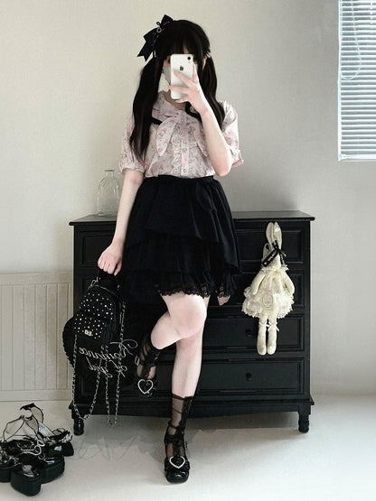 Blue/White/Black Plaid Tulle Skirt with Sash & Lace - Kitty Bxllet